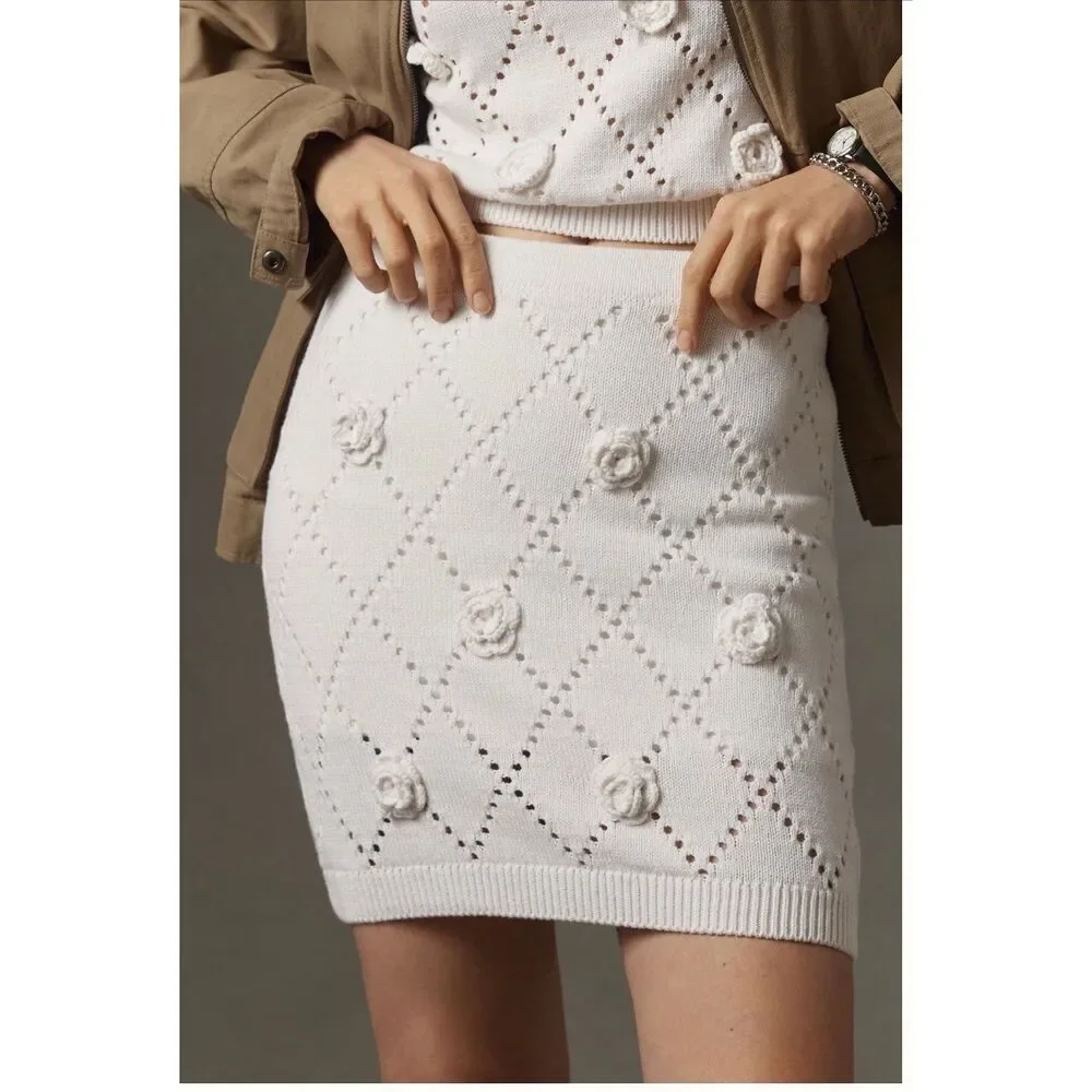 Anthropologie skirt by Maeve 3D floral knit mini sz Large NWT